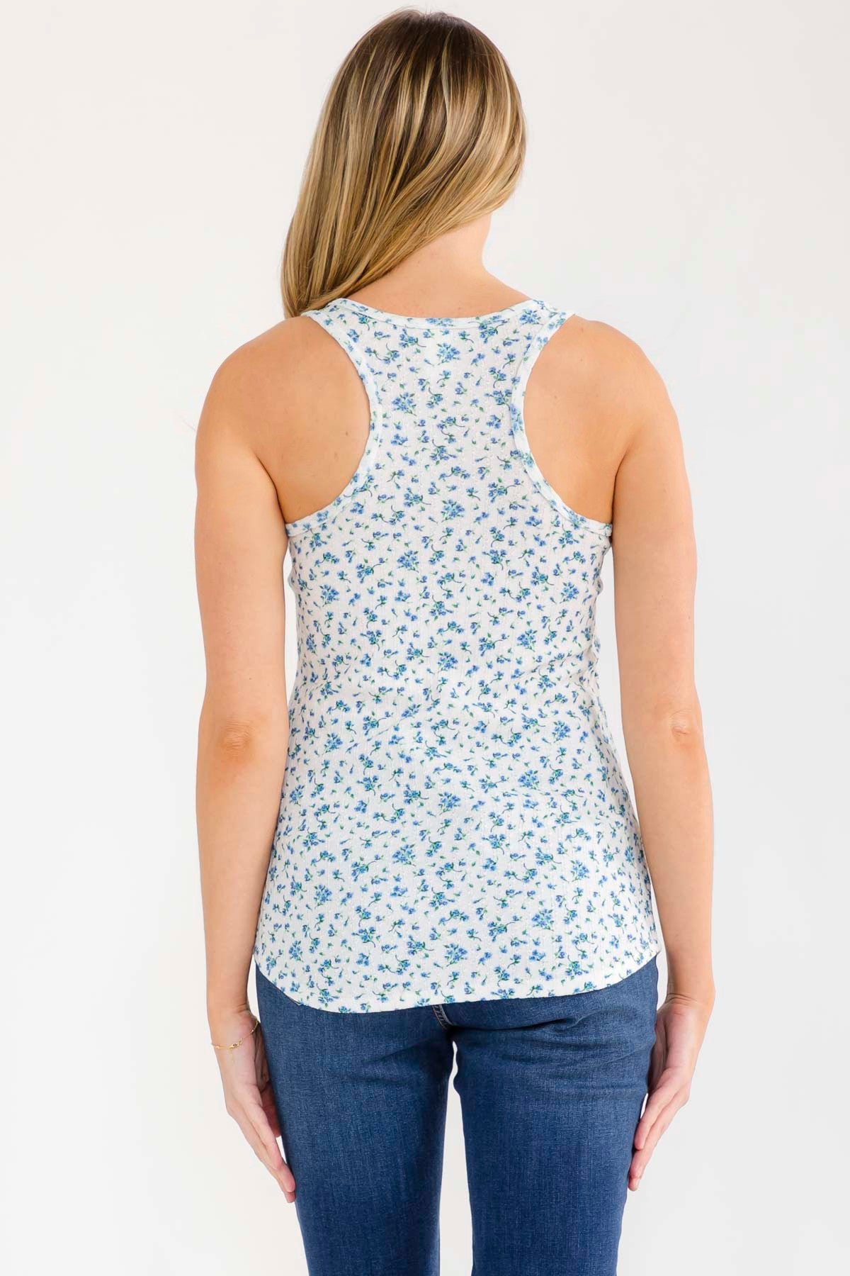 Blue Floral Print Button Front Tank Top