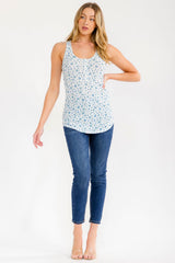 Blue Floral Print Button Front Tank Top