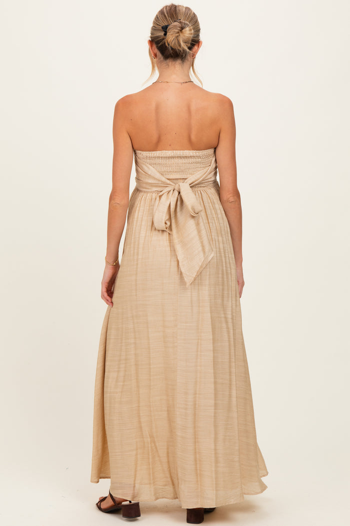 Beige Strapless Tie Back Maternity Maxi Dress