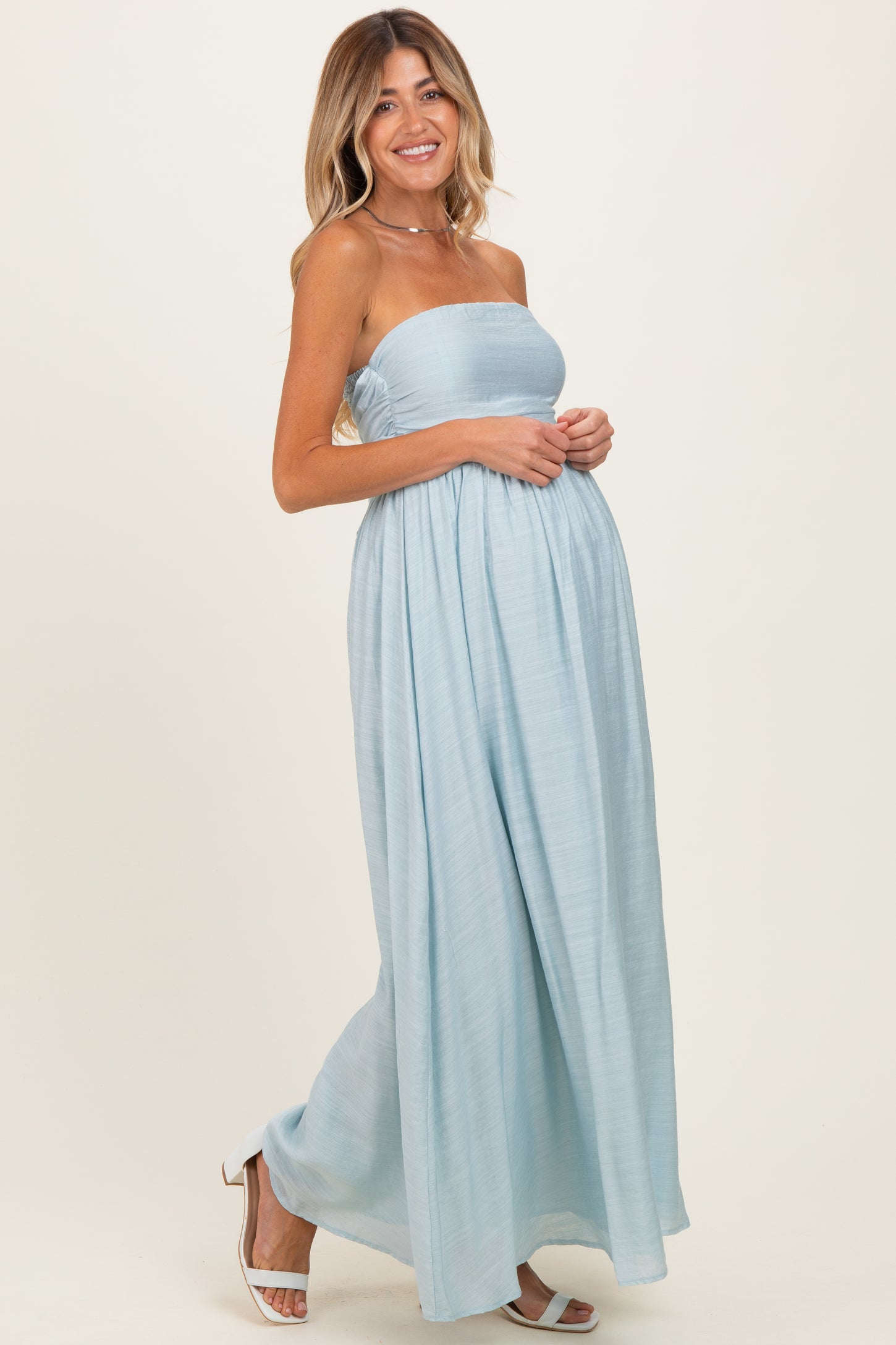 Light Blue Strapless Tie Back Maternity Maxi Dress