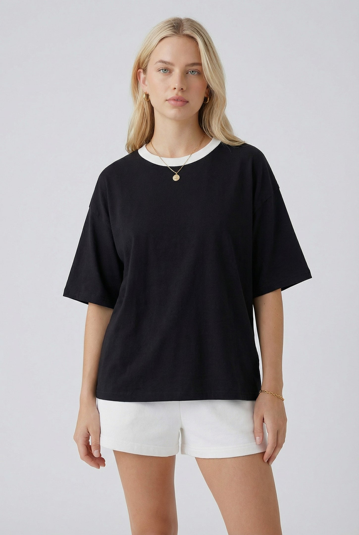 Black Relaxed Fit Contrast Neckline Tee