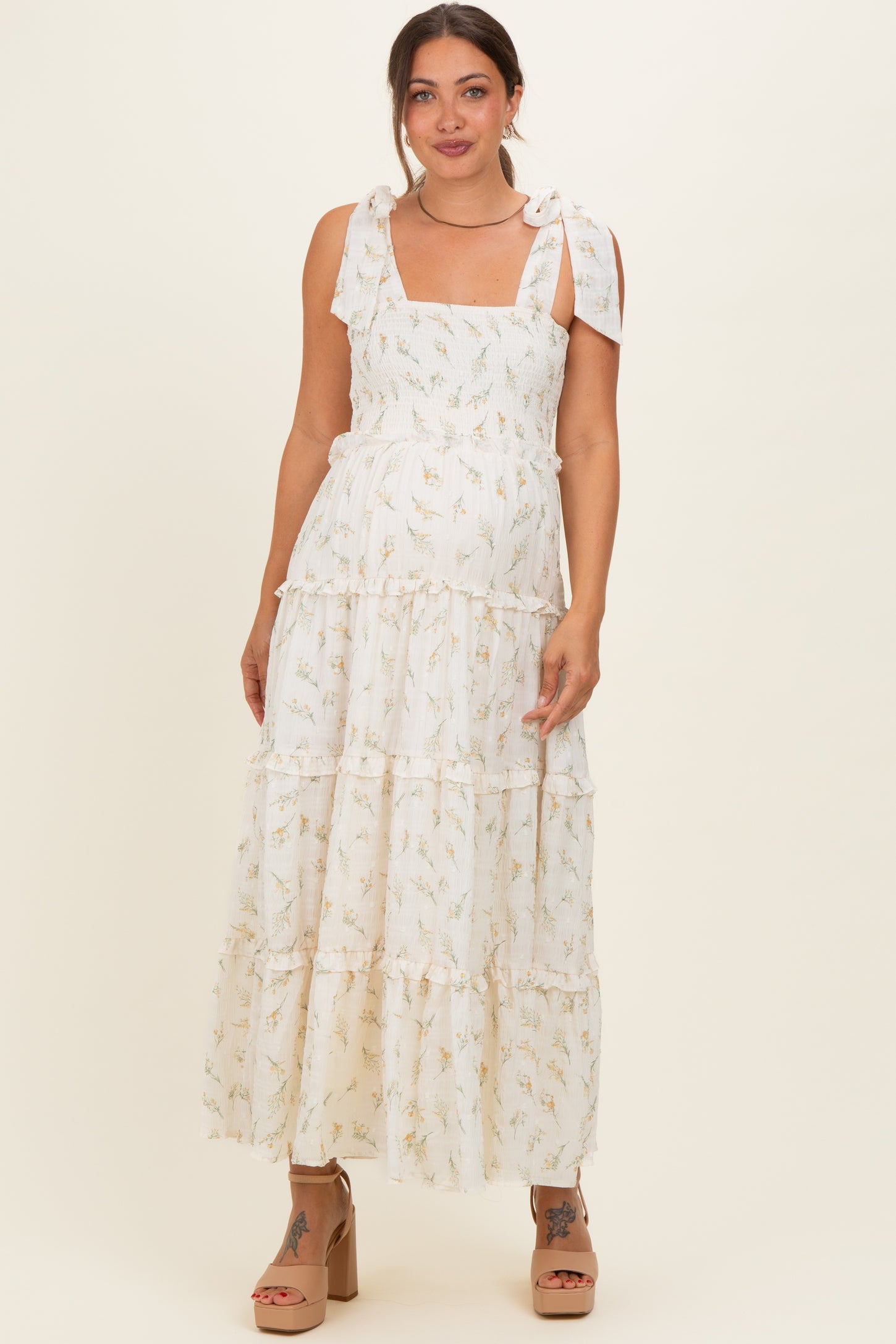 Yellow Floral Smocked Tiered Maternity Maxi Dress