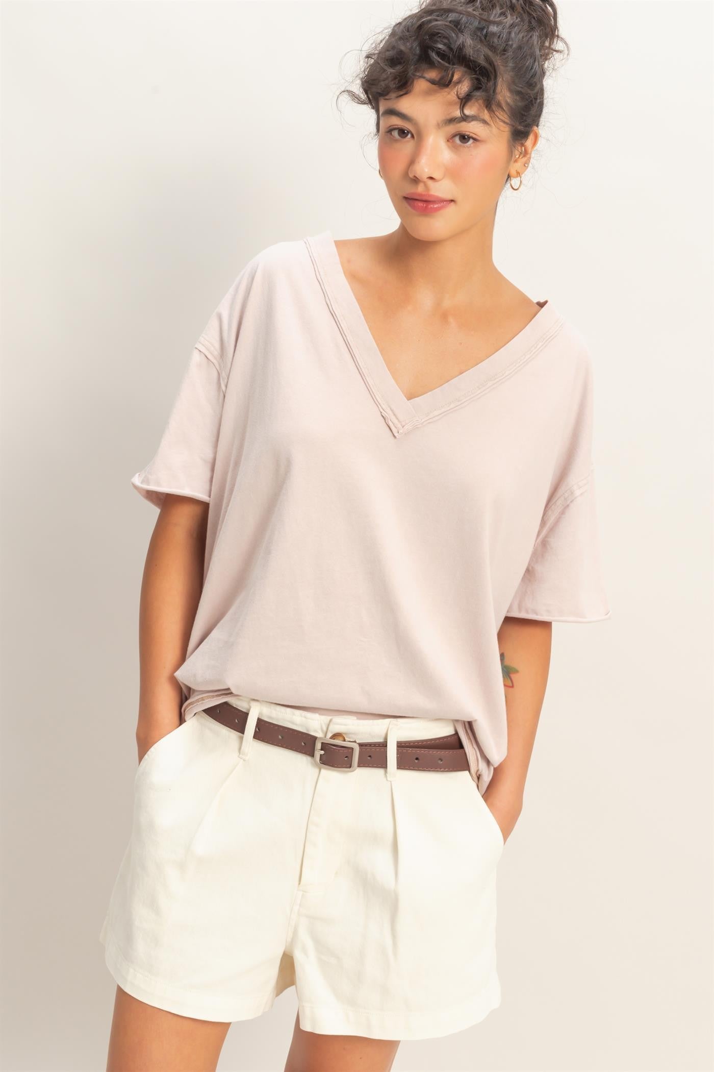 Beige Washed V-Neck Oversized Tee