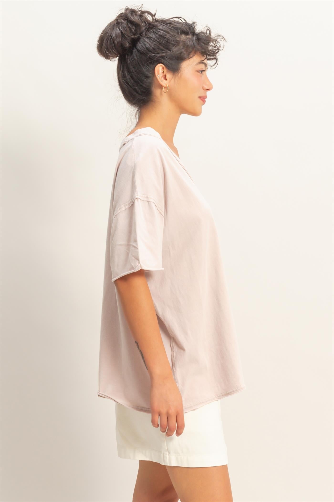 Beige Washed V-Neck Oversized Tee
