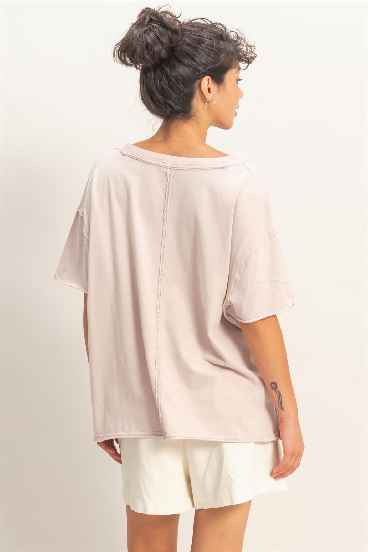 Beige Washed V-Neck Oversized Tee