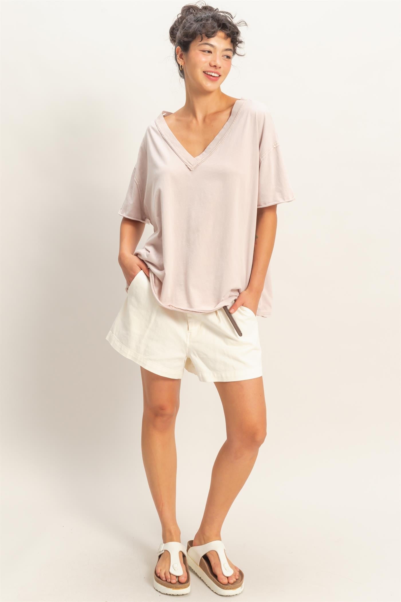 Beige Washed V-Neck Oversized Tee