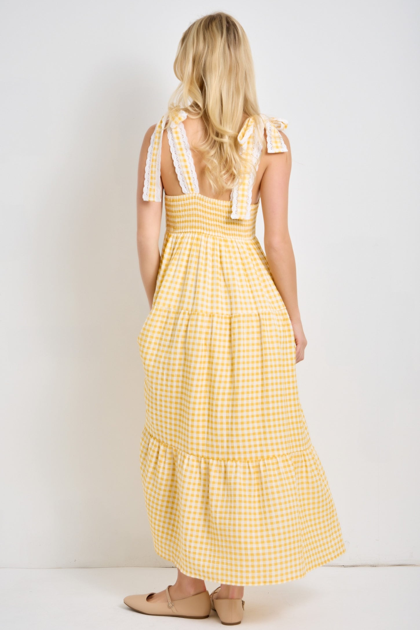 Yellow Gingham Lace Trim Shoulder Tie Maxi Dress