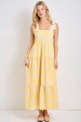 Yellow Gingham Lace Trim Shoulder Tie Maxi Dress
