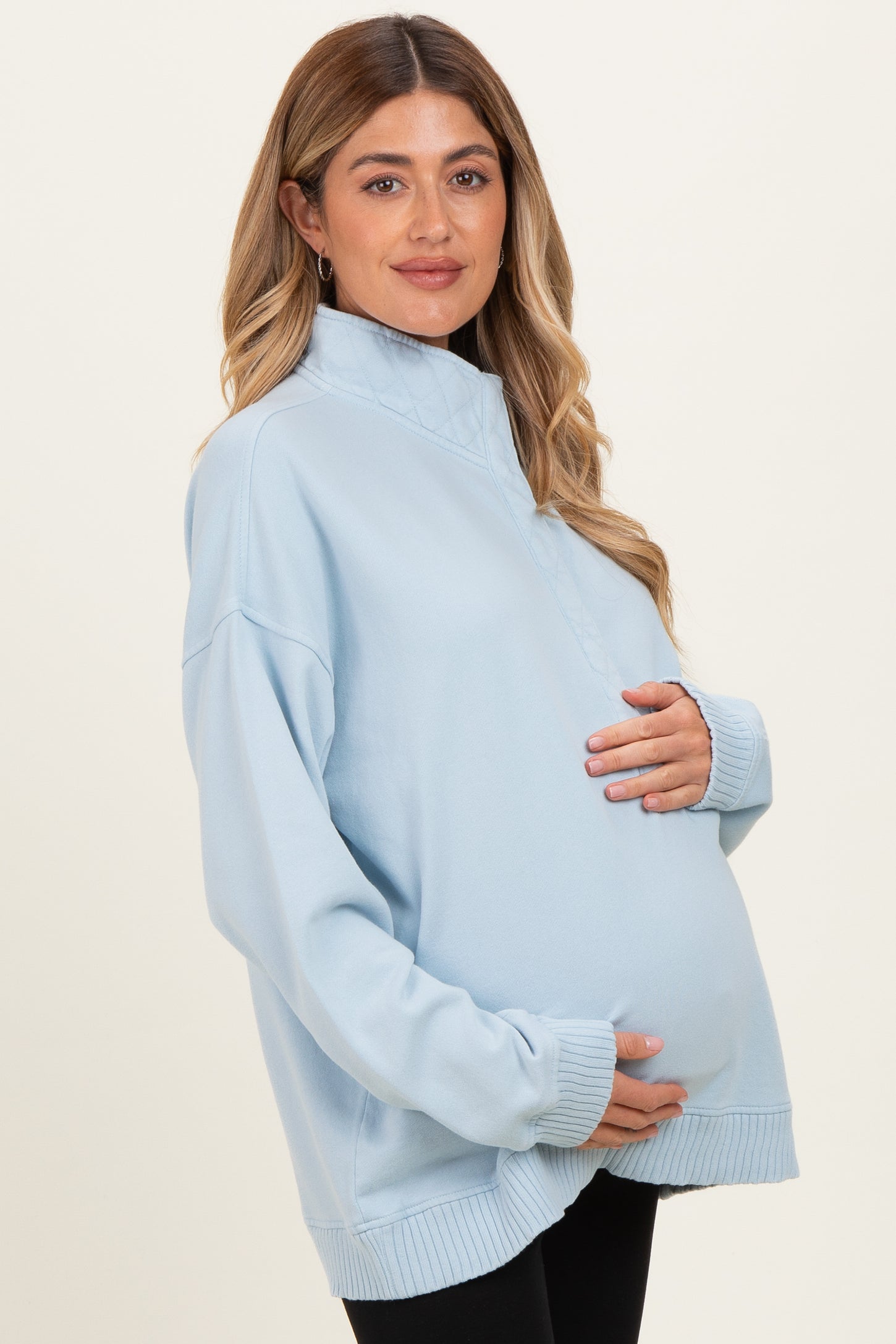 Light Blue Snap Collar Oversized Maternity Sweatshirt