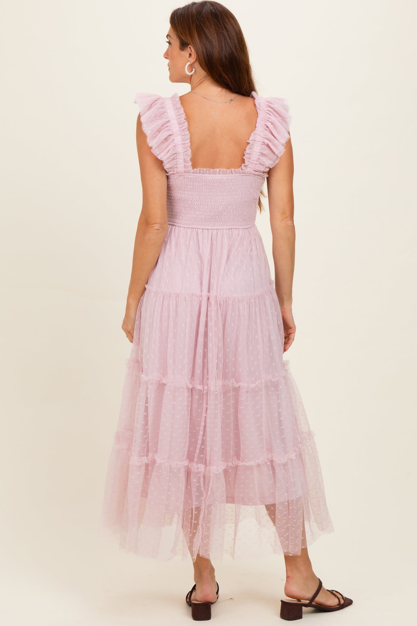 Light Pink Smocked Polka Dot Tulle Midi Dress