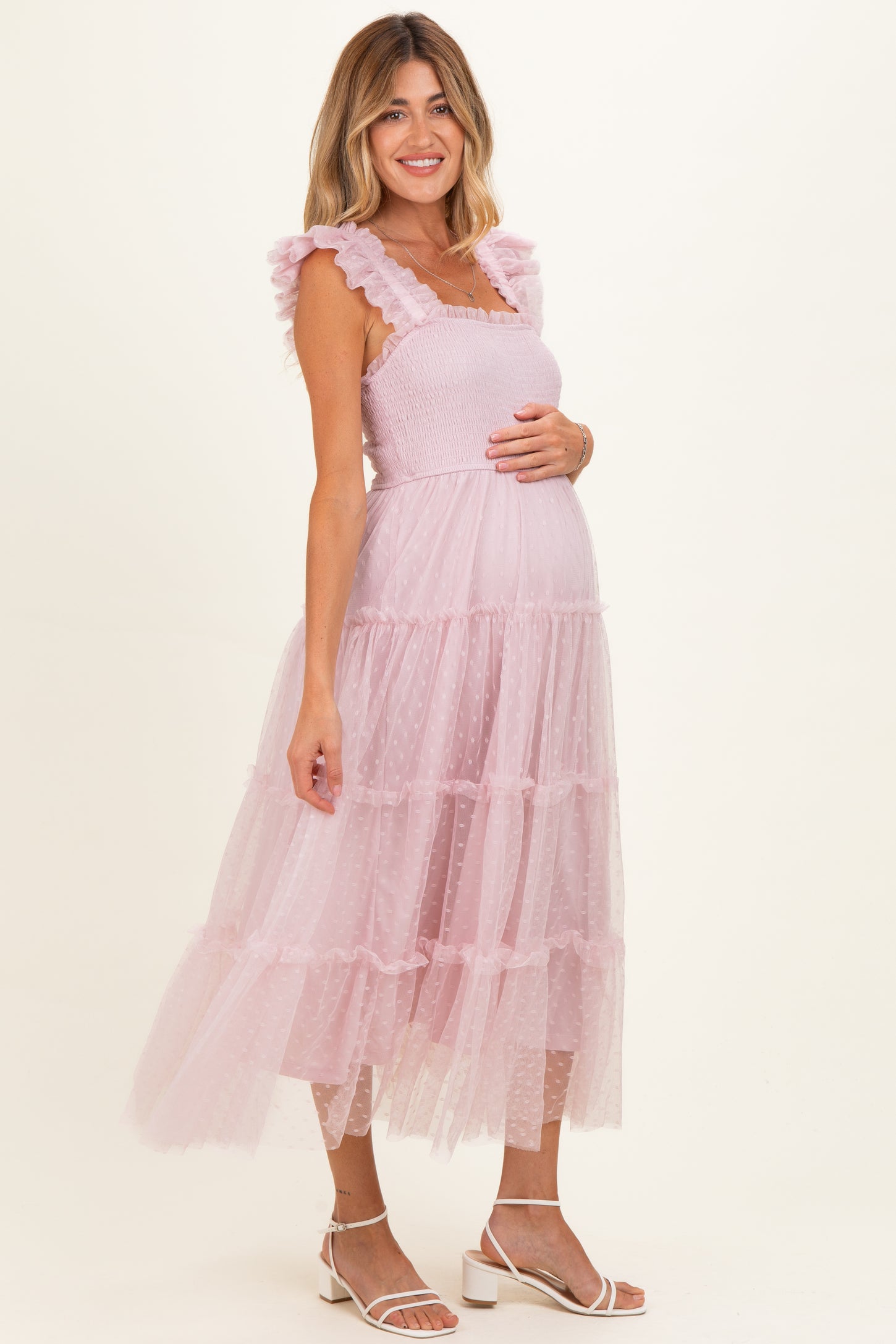Light Pink Smocked Polka Dot Tulle Maternity Midi Dress