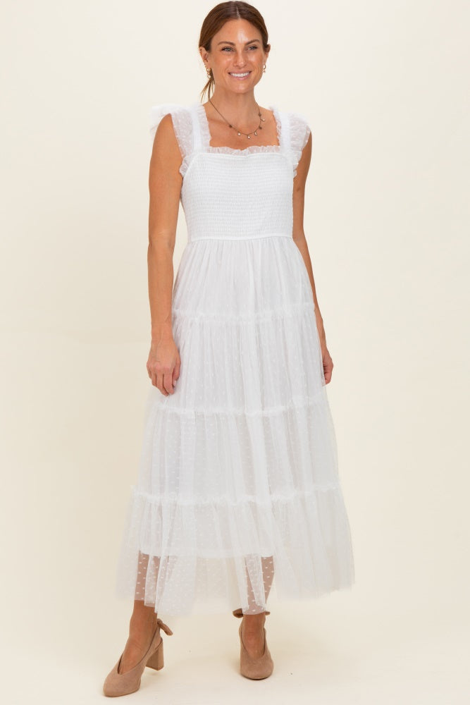 White Smocked Polka Dot Tulle Midi Dress