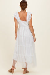 White Smocked Polka Dot Tulle Midi Dress