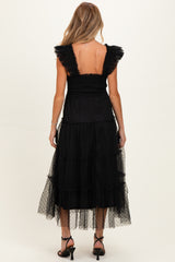 Black Smocked Polka Dot Tulle Maternity Midi Dress
