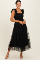 Black Smocked Polka Dot Tulle Maternity Midi Dress