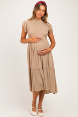 Mocha Mock Neck Flutter Sleeve Smocked Maternity Maxi Dress
