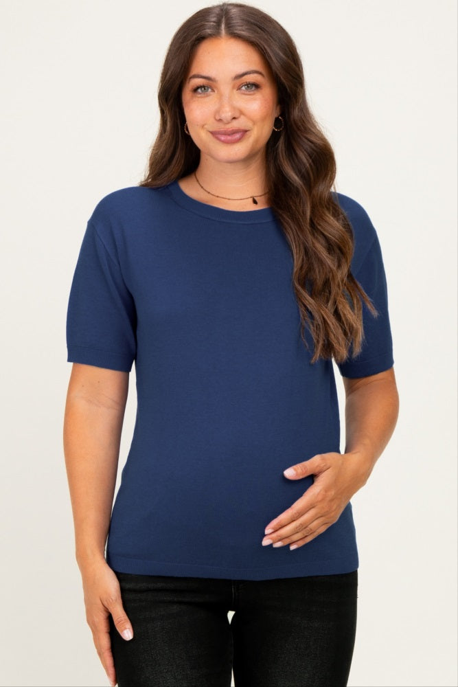 Navy Short Sleeve Basic Knit Maternity Top