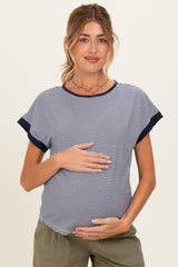 Navy Pinstripe Contrast Trim Maternity Top