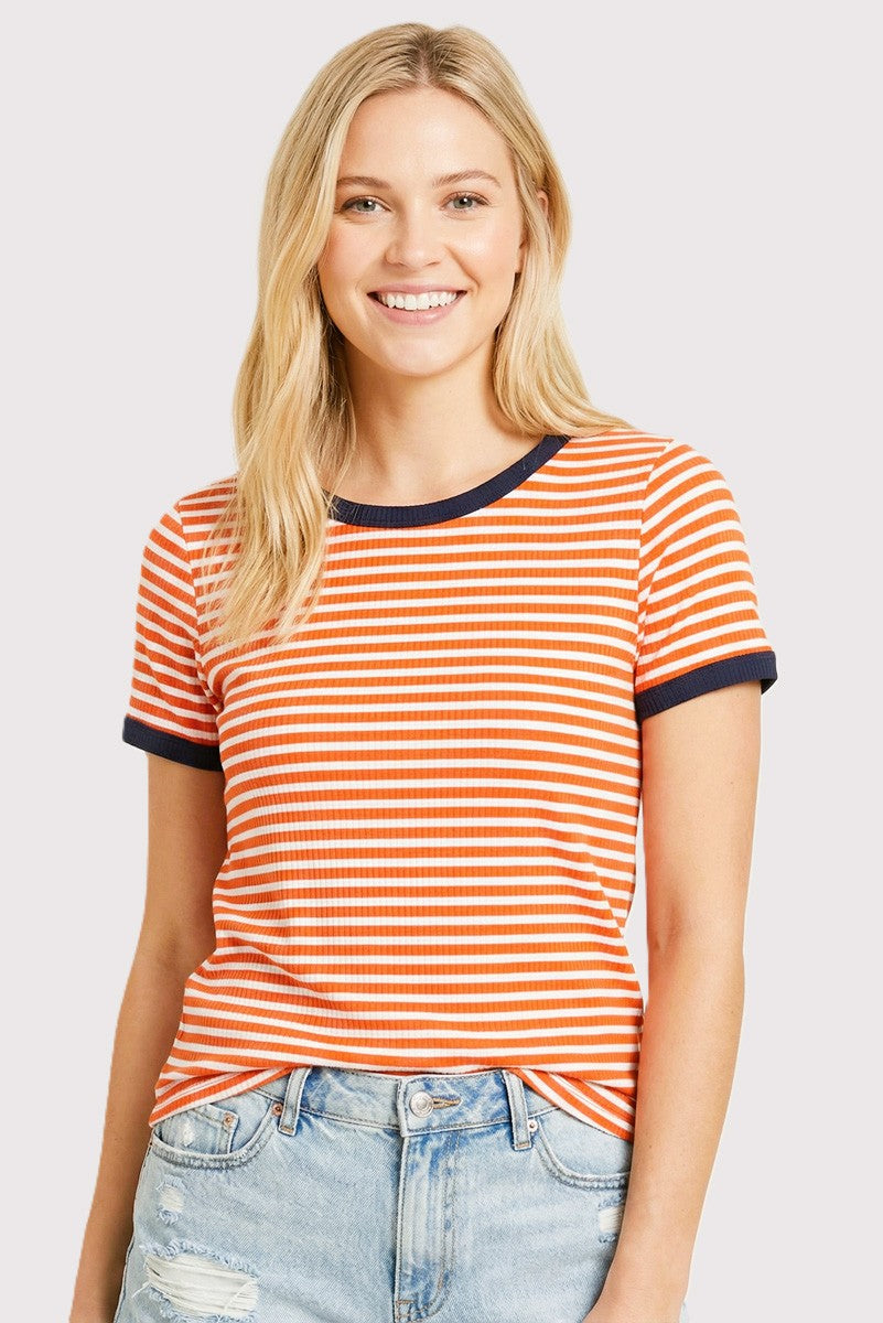Orange Striped Short Sleeve Maternity Top