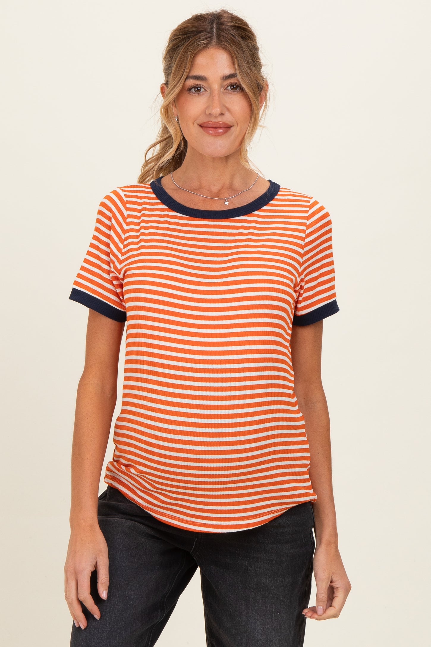 Orange Striped Short Sleeve Maternity Top