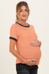 Orange Striped Short Sleeve Maternity Top