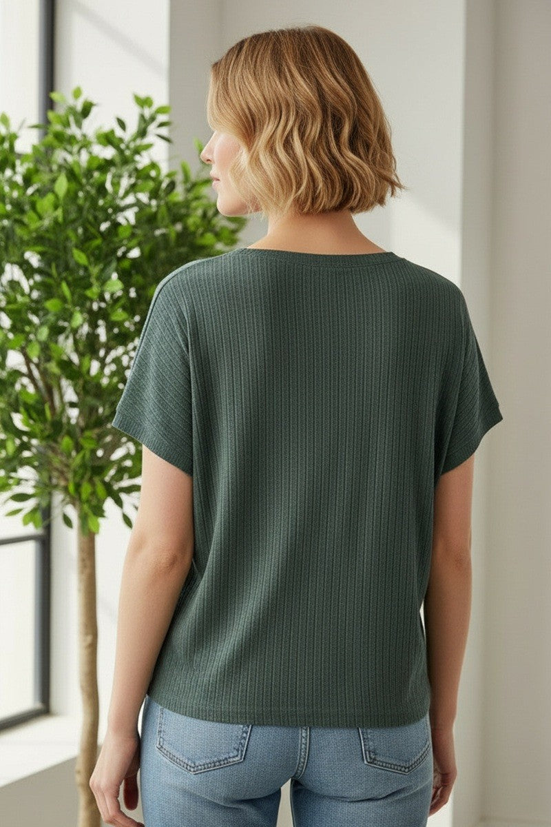 Forest Green V-Neck Pointelle Knit Top