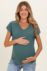 Forest Green V-Neck Pointelle Knit Maternity Top