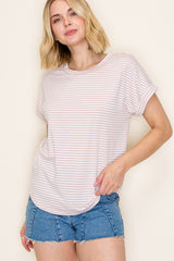 Beige Striped Short Sleeve Top