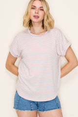 Beige Striped Short Sleeve Top