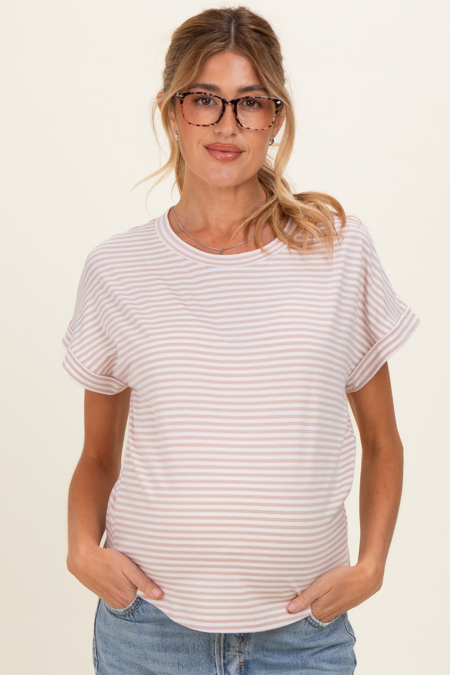 Beige Striped Short Sleeve Maternity Top