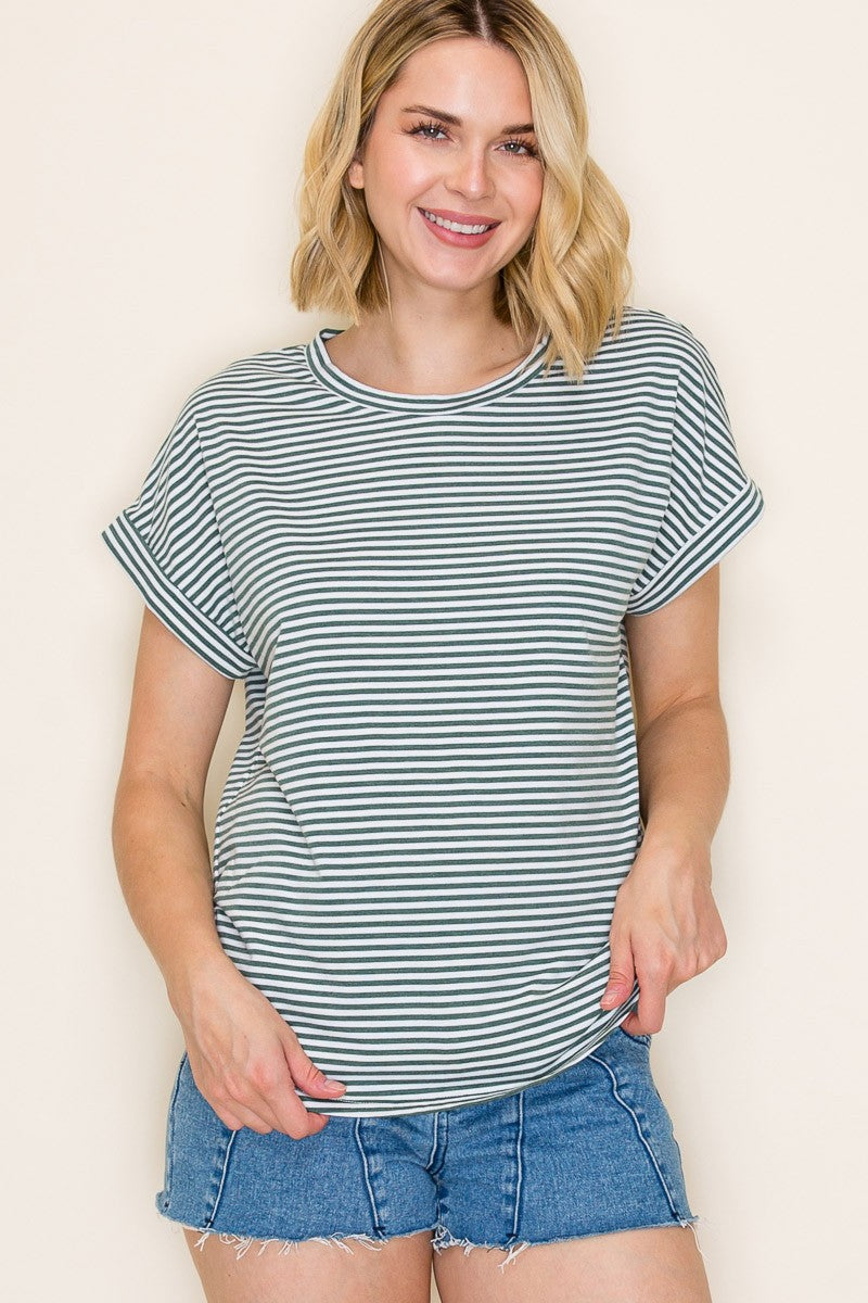 Green Striped Short Sleeve Top