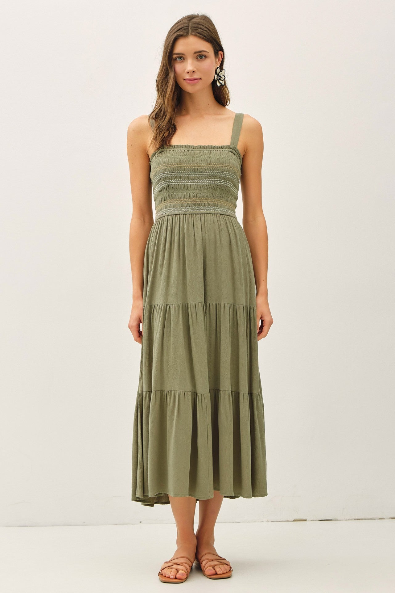 Olive Embroidered Smocked Midi Dress