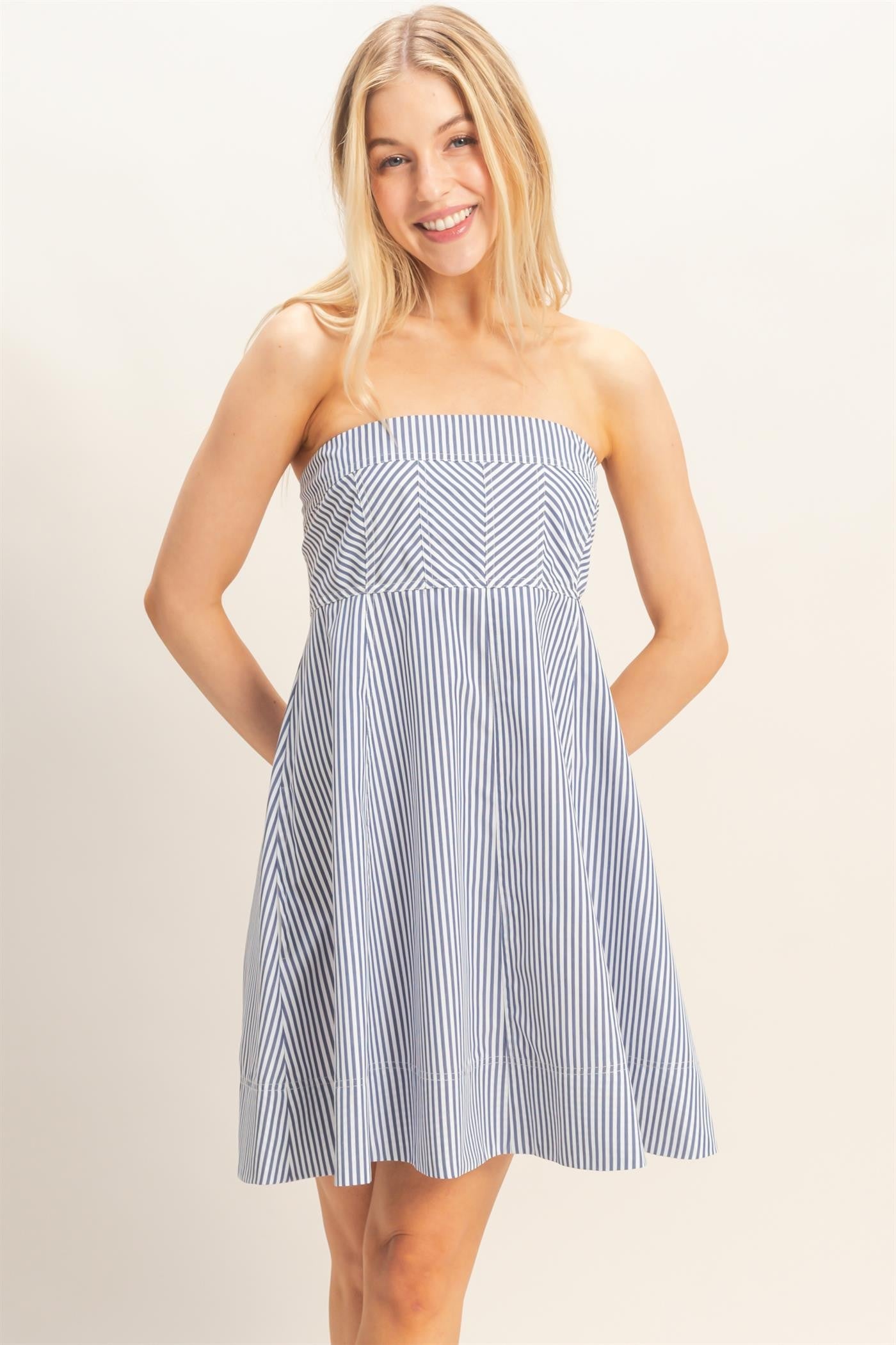 Navy Striped Strapless A-Line Dress