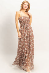 Brown Floral Smocked Open Back Maxi Dress