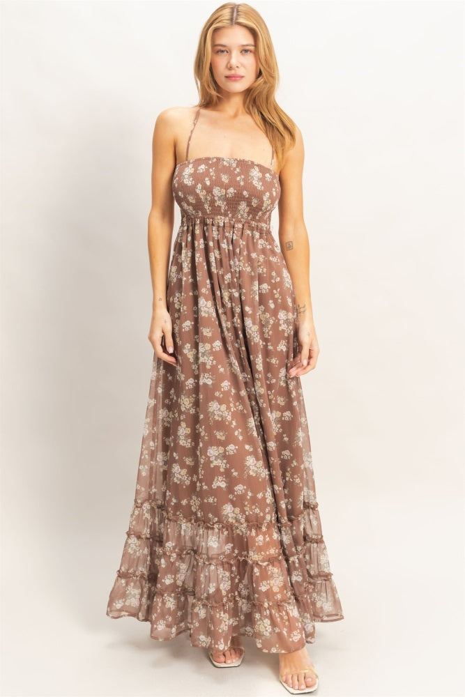 Brown Floral Smocked Open Back Maxi Dress
