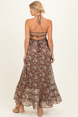 Brown Floral Smocked Open Back Maternity Maxi Dress