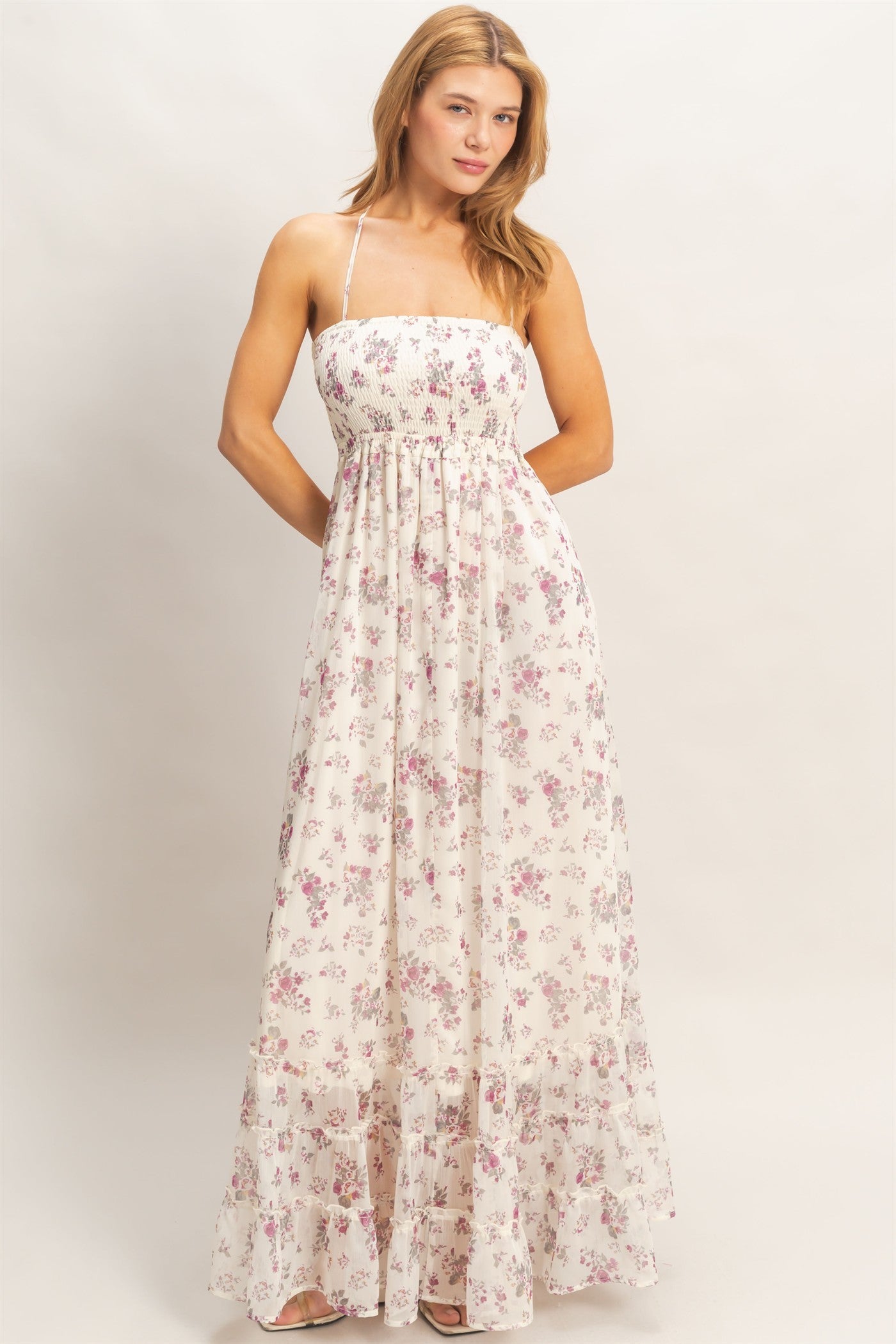 Ivory Floral Smocked Open Back Maxi Dress
