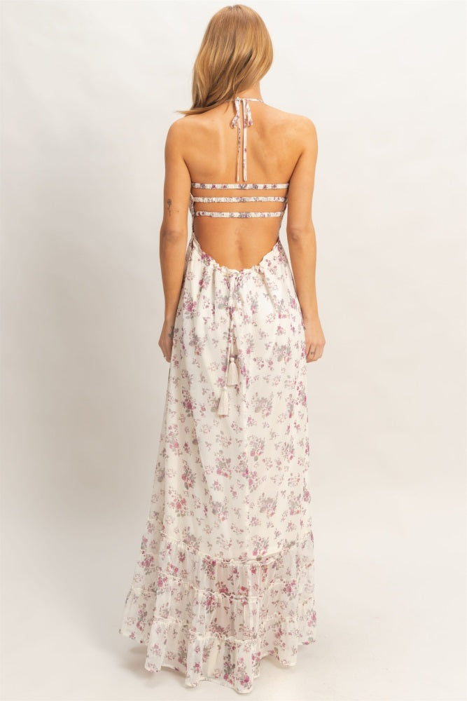 Ivory Floral Smocked Open Back Maxi Dress