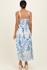 Blue Printed Scallop Detail Sleeveless Midi Dress