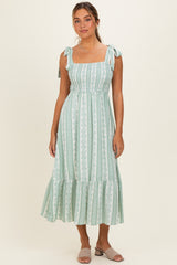 Sage Floral Stripe Smocked Shoulder Tie Maternity Midi Dress