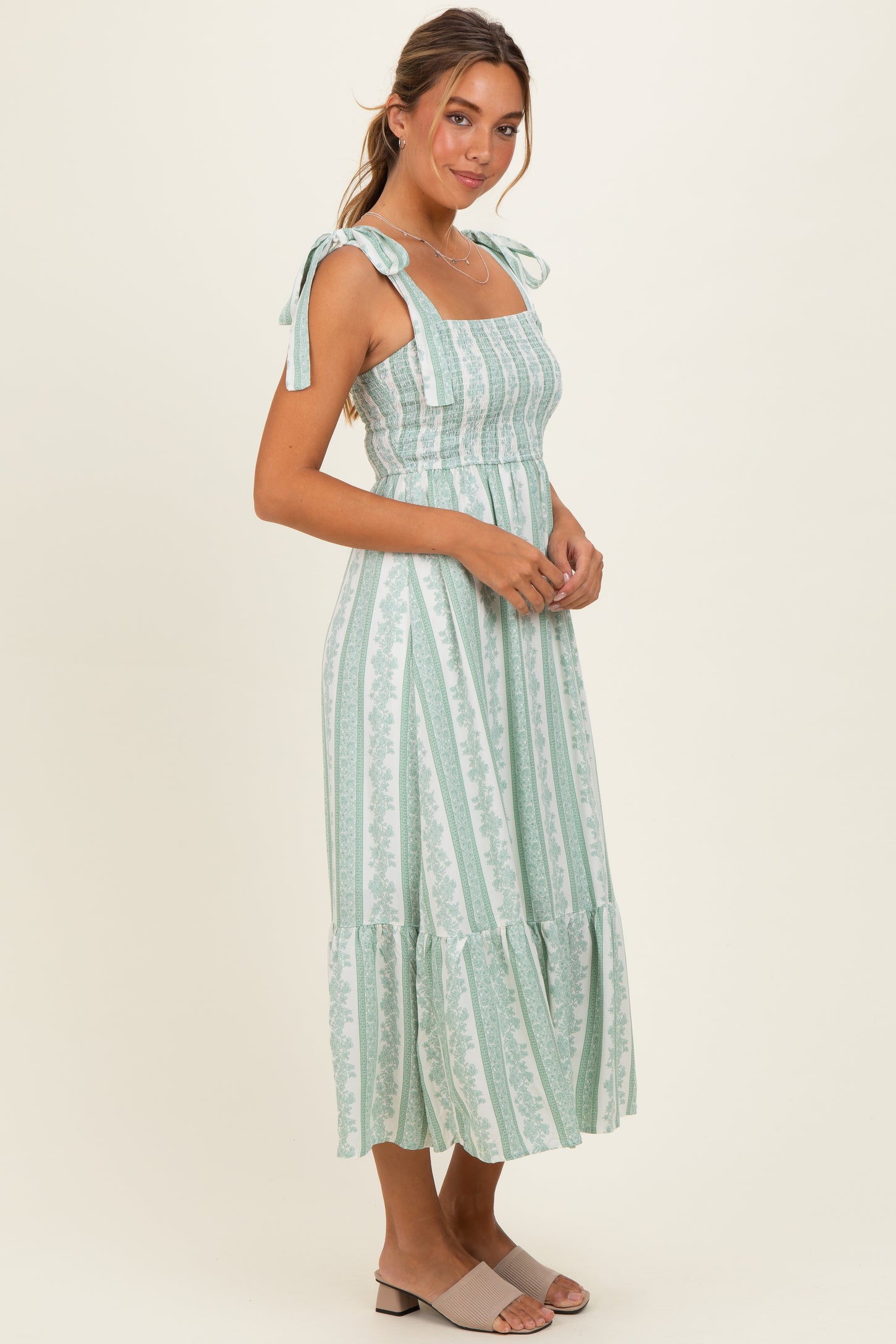Sage Floral Stripe Smocked Shoulder Tie Midi Dress