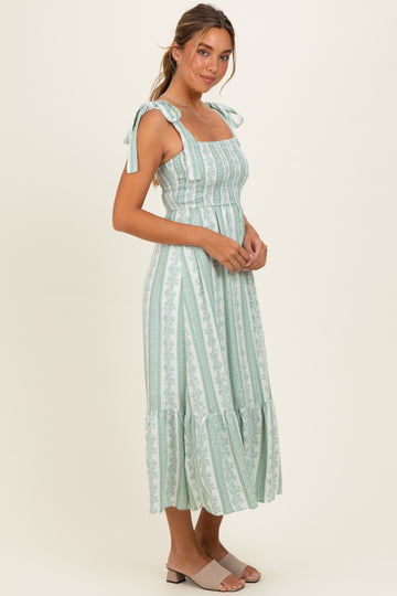 Sage Floral Stripe Smocked Shoulder Tie Midi Dress