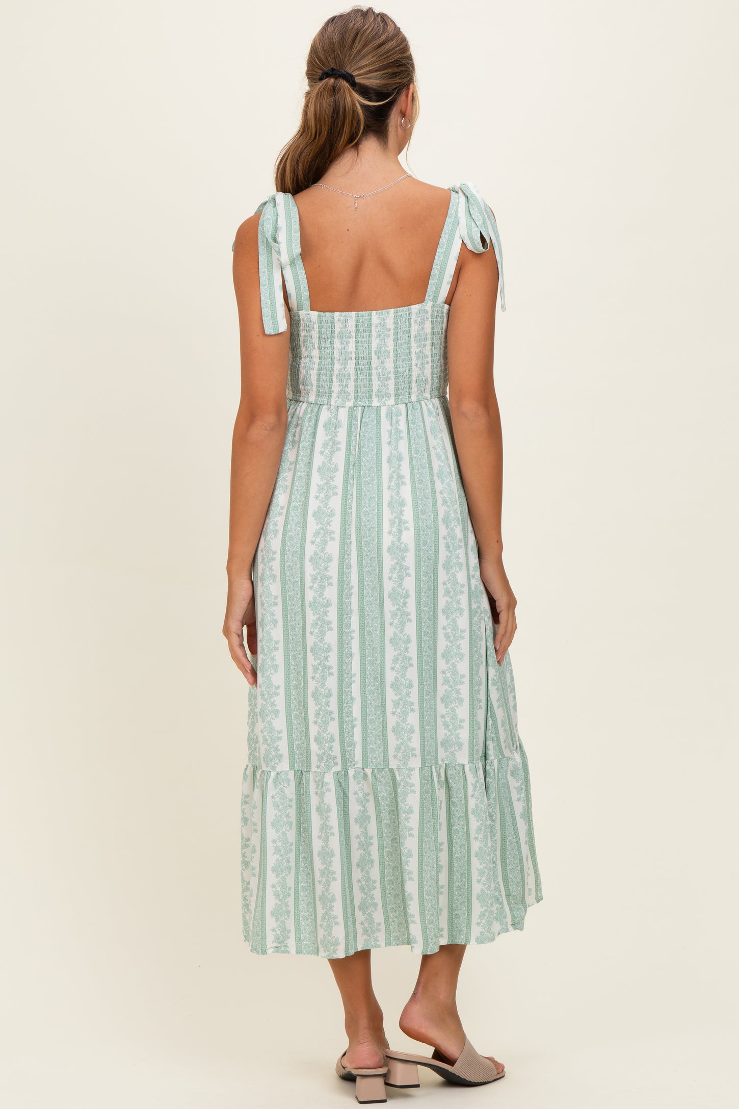 Sage Floral Stripe Smocked Shoulder Tie Midi Dress