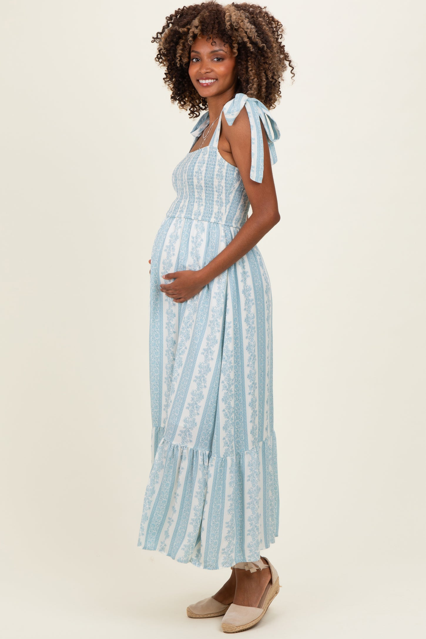 Sky Floral Stripe Smocked Shoulder Tie Maternity Midi Dress