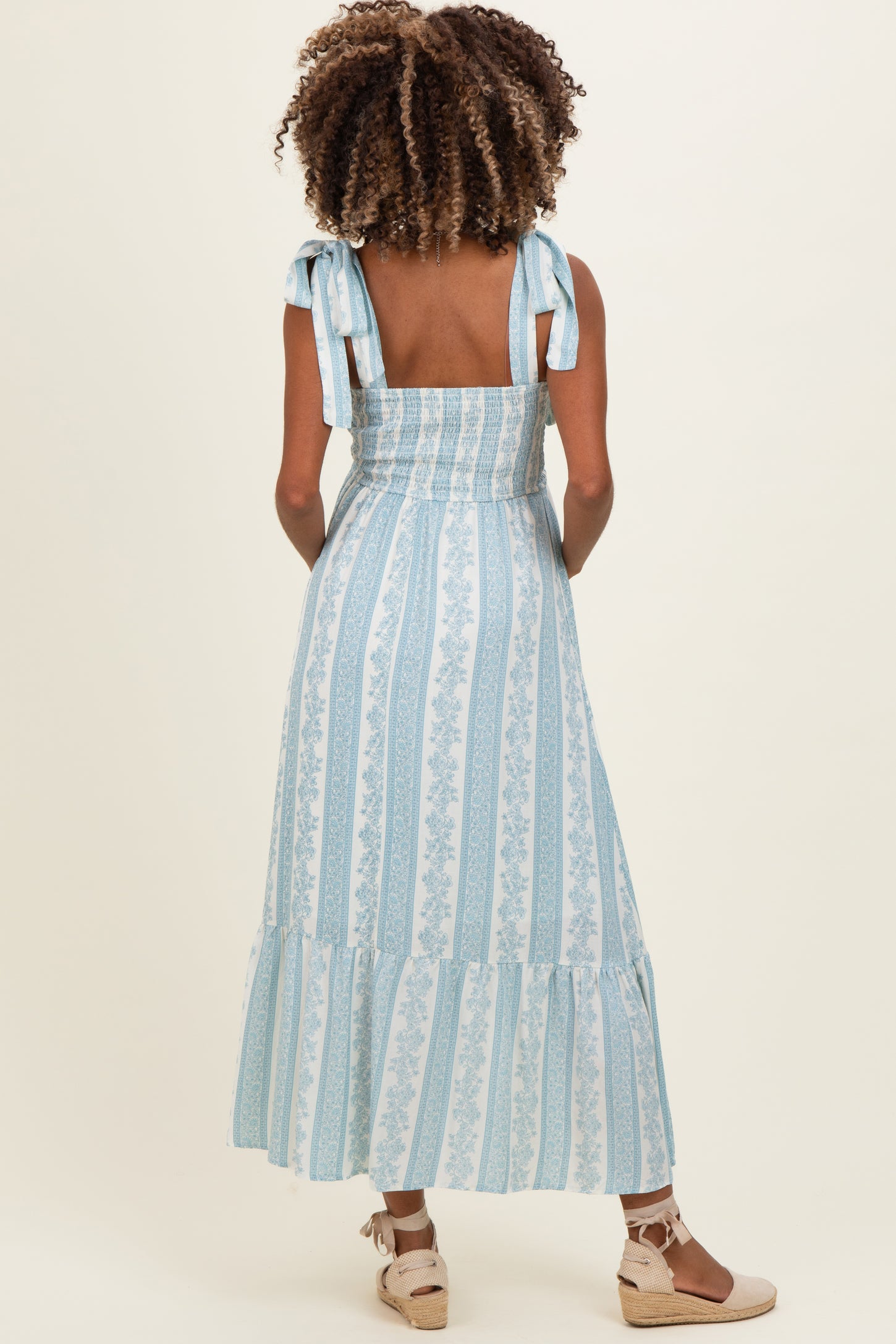 Sky Floral Stripe Smocked Shoulder Tie Maternity Midi Dress