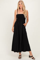 Black Pom Pom Strap Smocked Maxi Dress