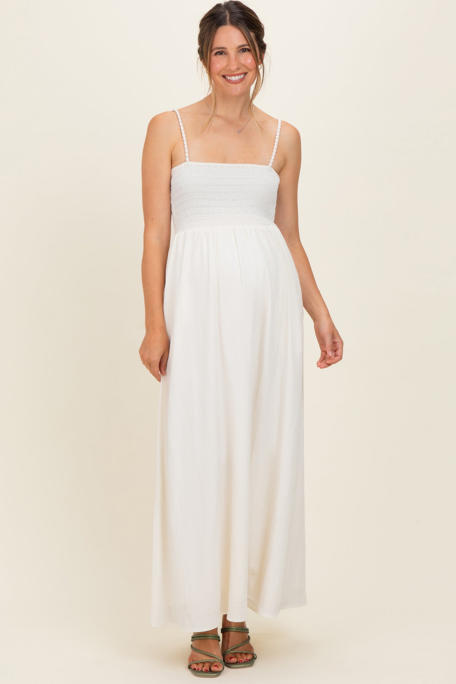 Off White Pom Pom Strap Smocked Maternity Maxi Dress