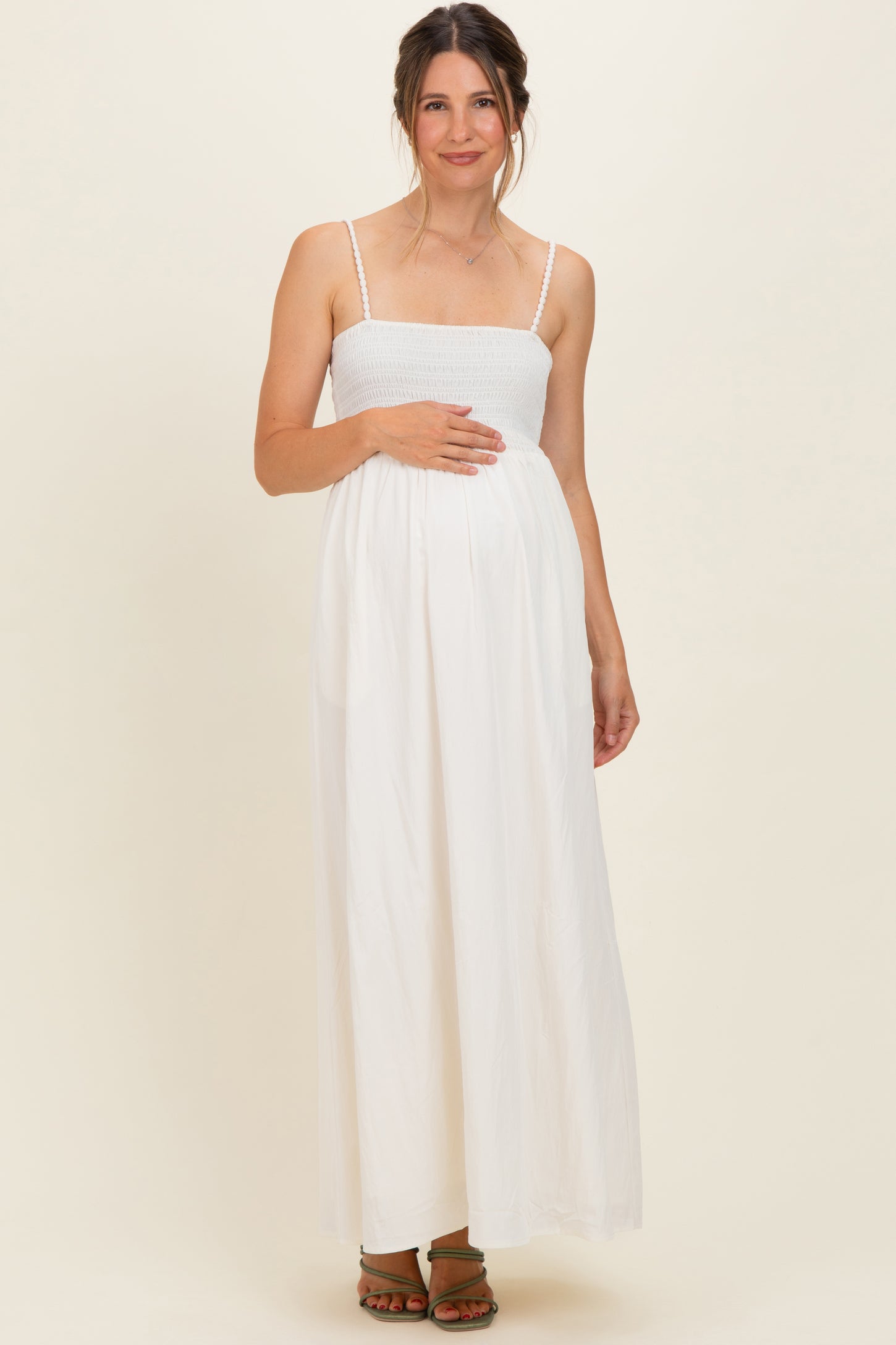 Off White Pom Pom Strap Smocked Maternity Maxi Dress
