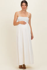 Off White Pom Pom Strap Smocked Maternity Maxi Dress