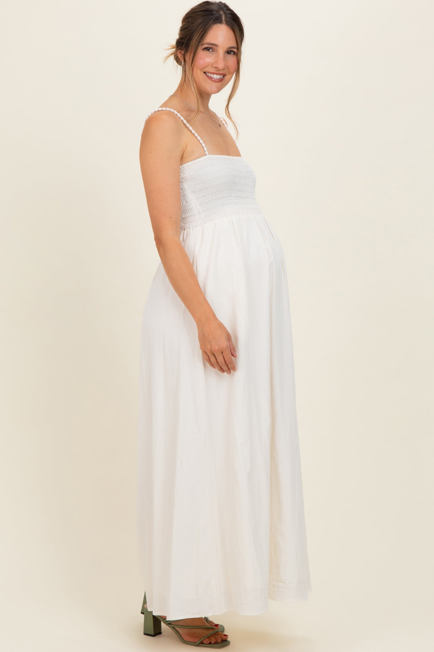 Off White Pom Pom Strap Smocked Maternity Maxi Dress